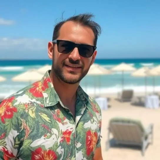 Man wearing sunglasses near the coast